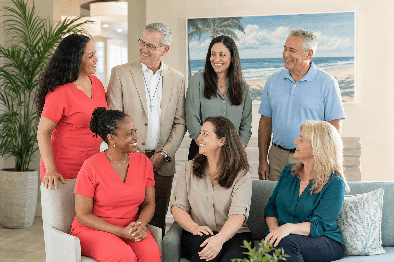 Full interdisciplinary hospice team in a clinic lobby