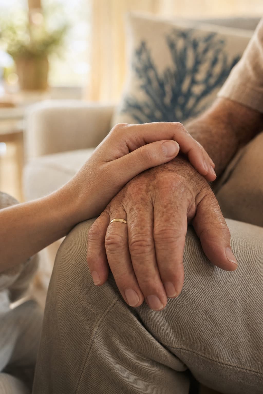 Close-up of two people's hands clasped together
