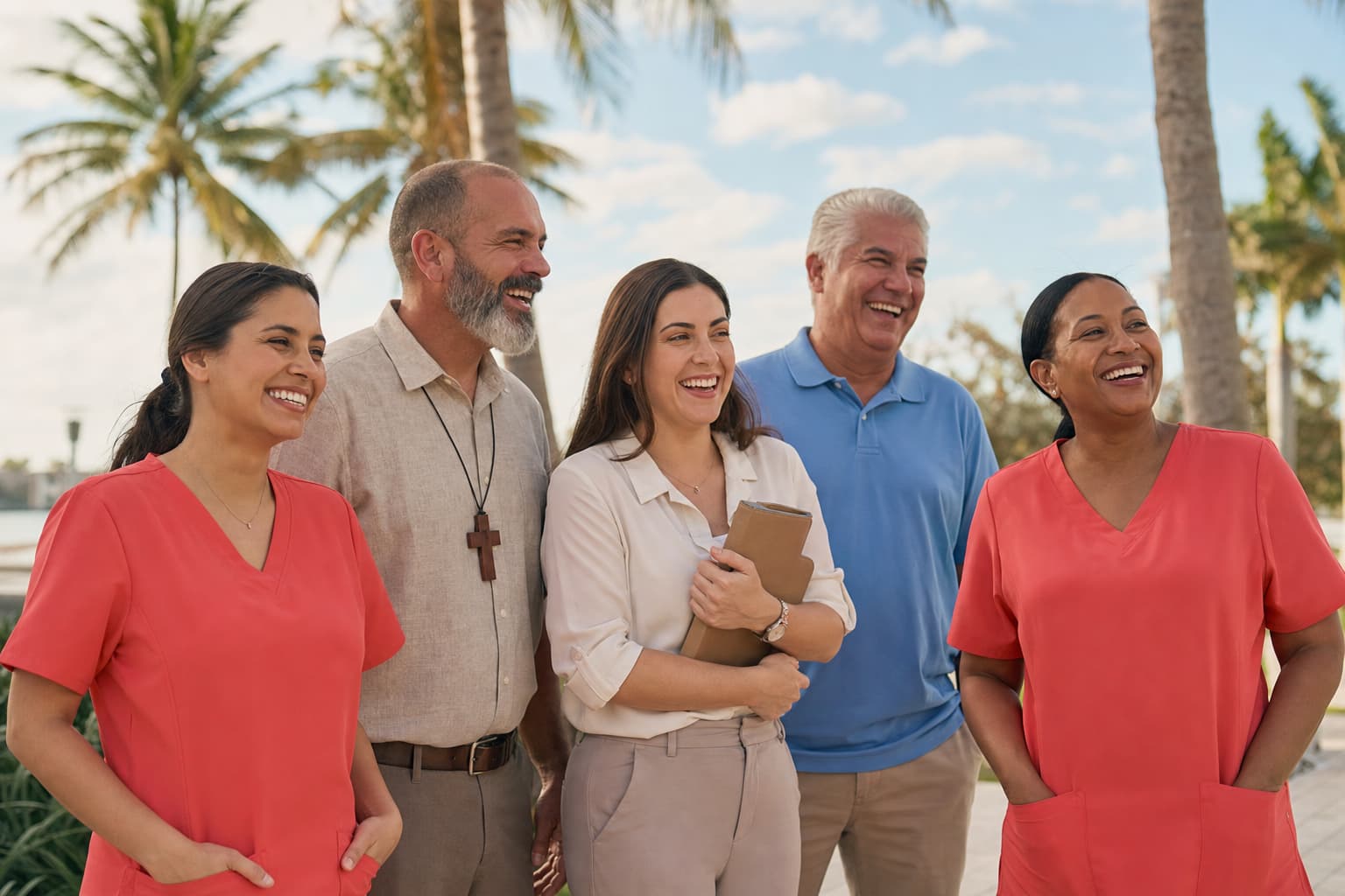 Multi-role hospice team standing together outdoors