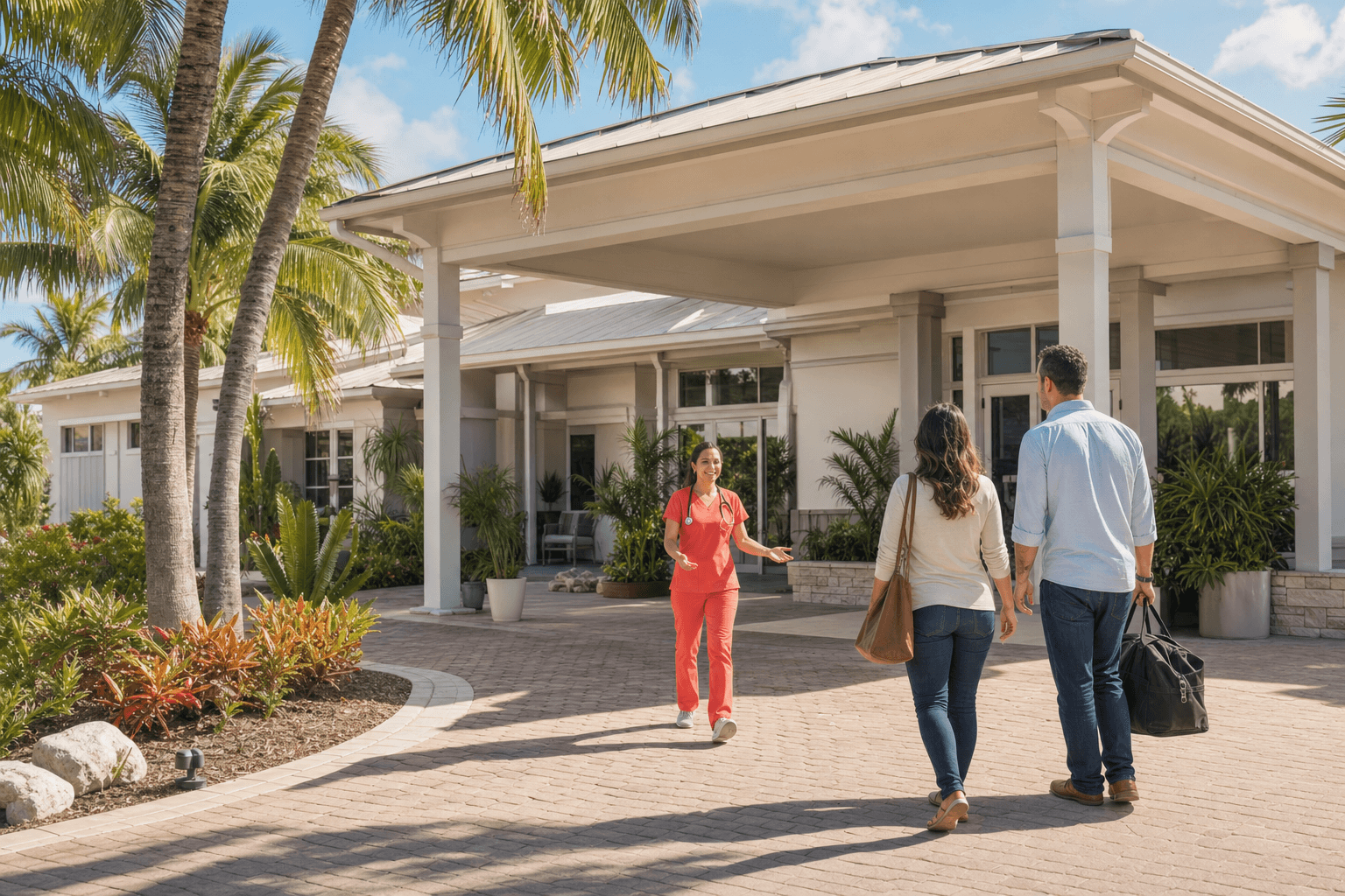 Hospice nurse greeting an arriving family outside a clinic building