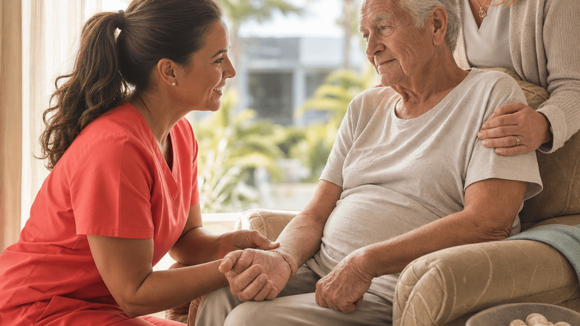 Hospice nurse checking on a patient at home with a family member nearby