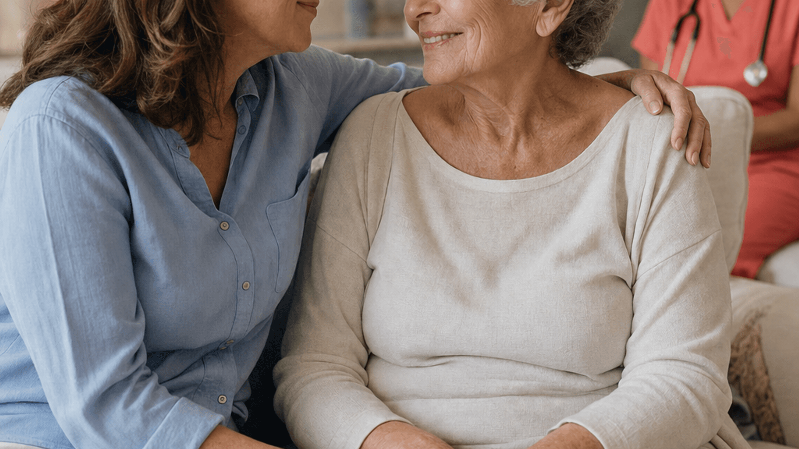 Adult daughter comforting her elderly mother on a couch