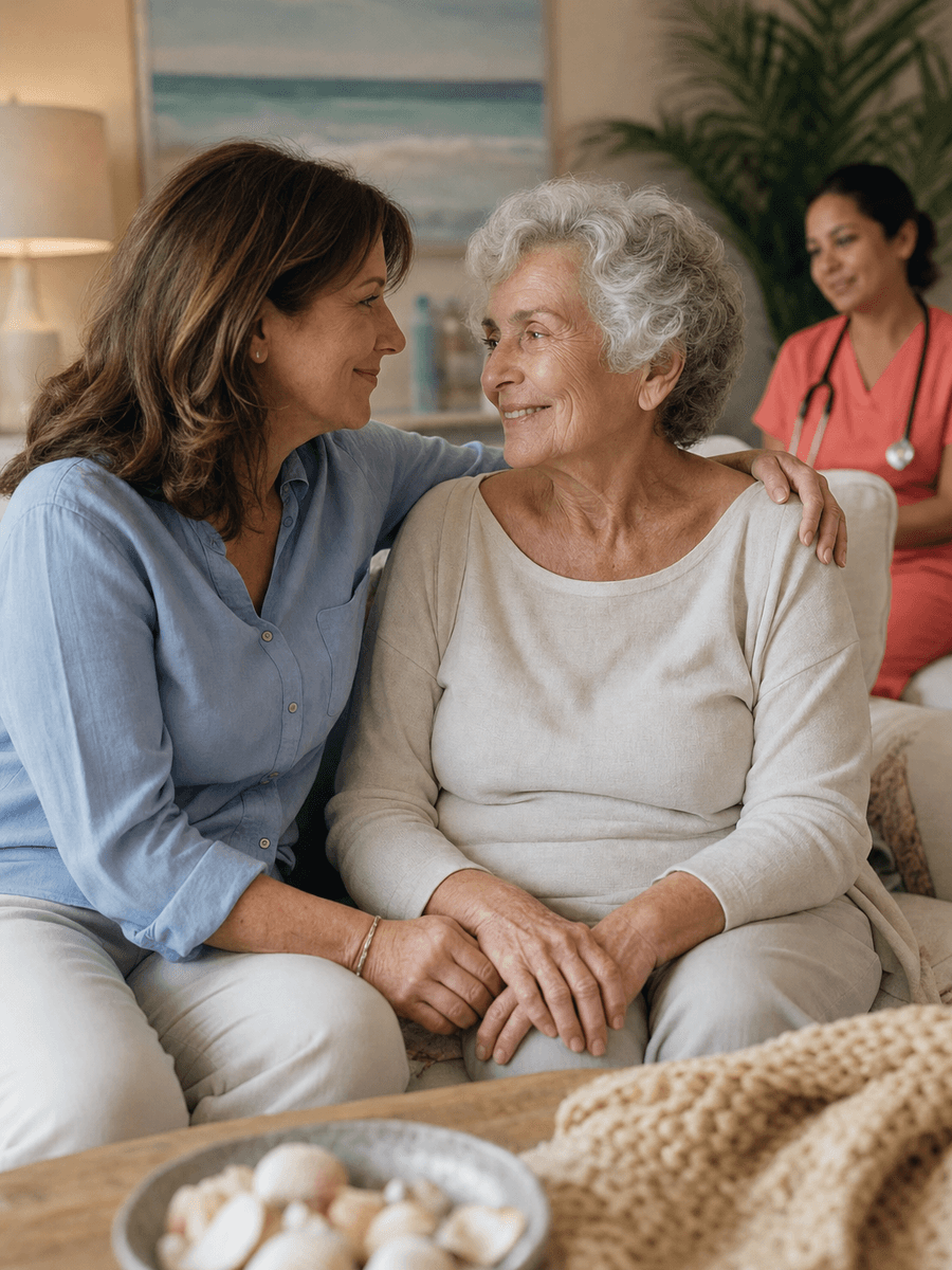 Adult daughter comforting her elderly mother on a couch