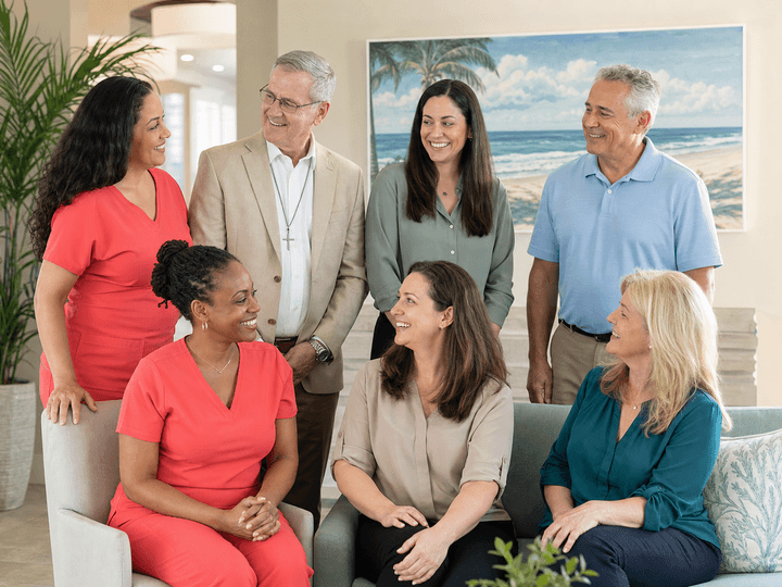 Full interdisciplinary hospice team in a clinic lobby