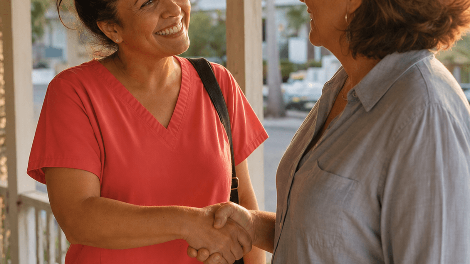 Hospice nurse and family member shaking hands on a porch