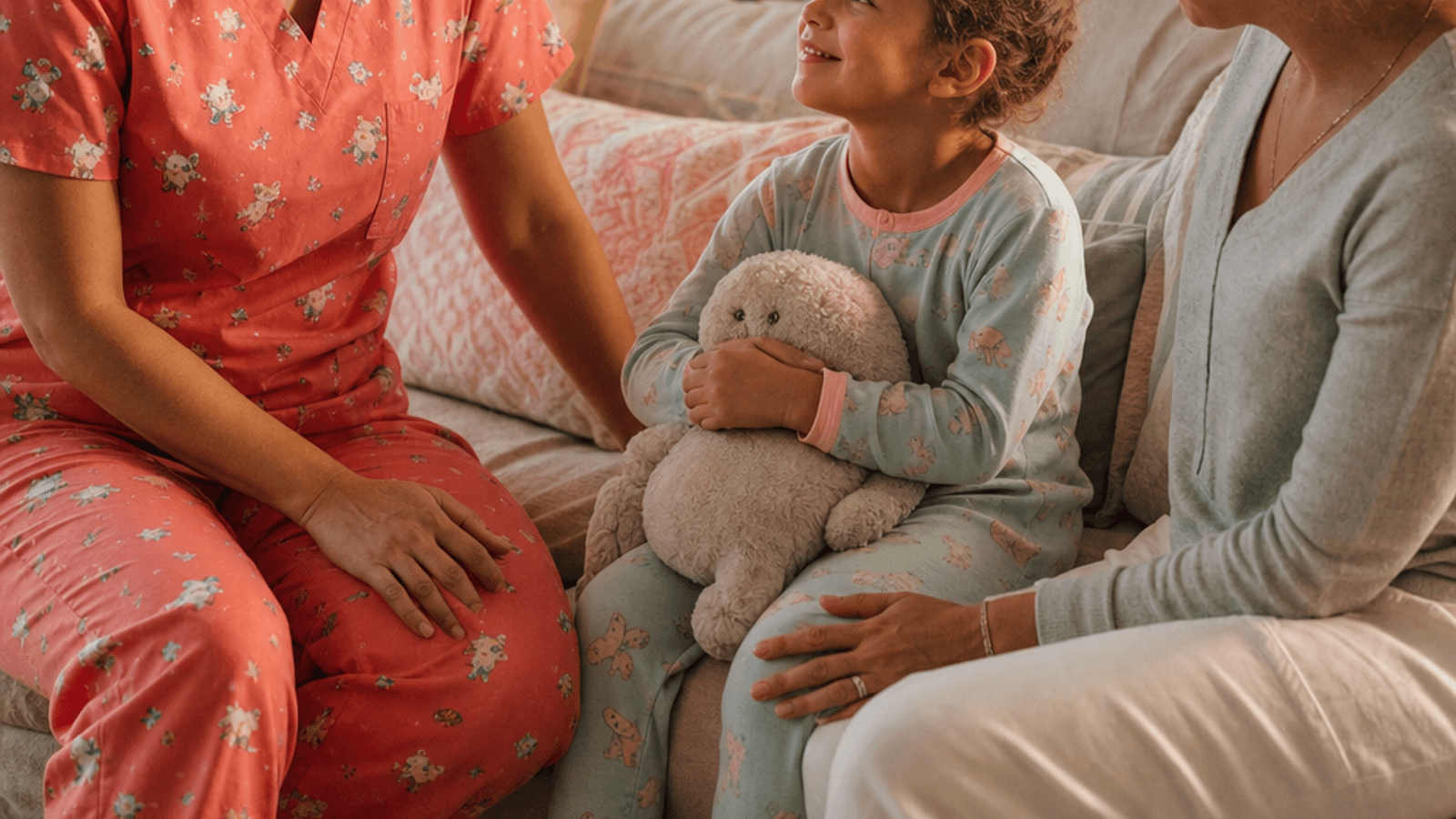 Pediatric hospice nurse sitting with a child and parent at home