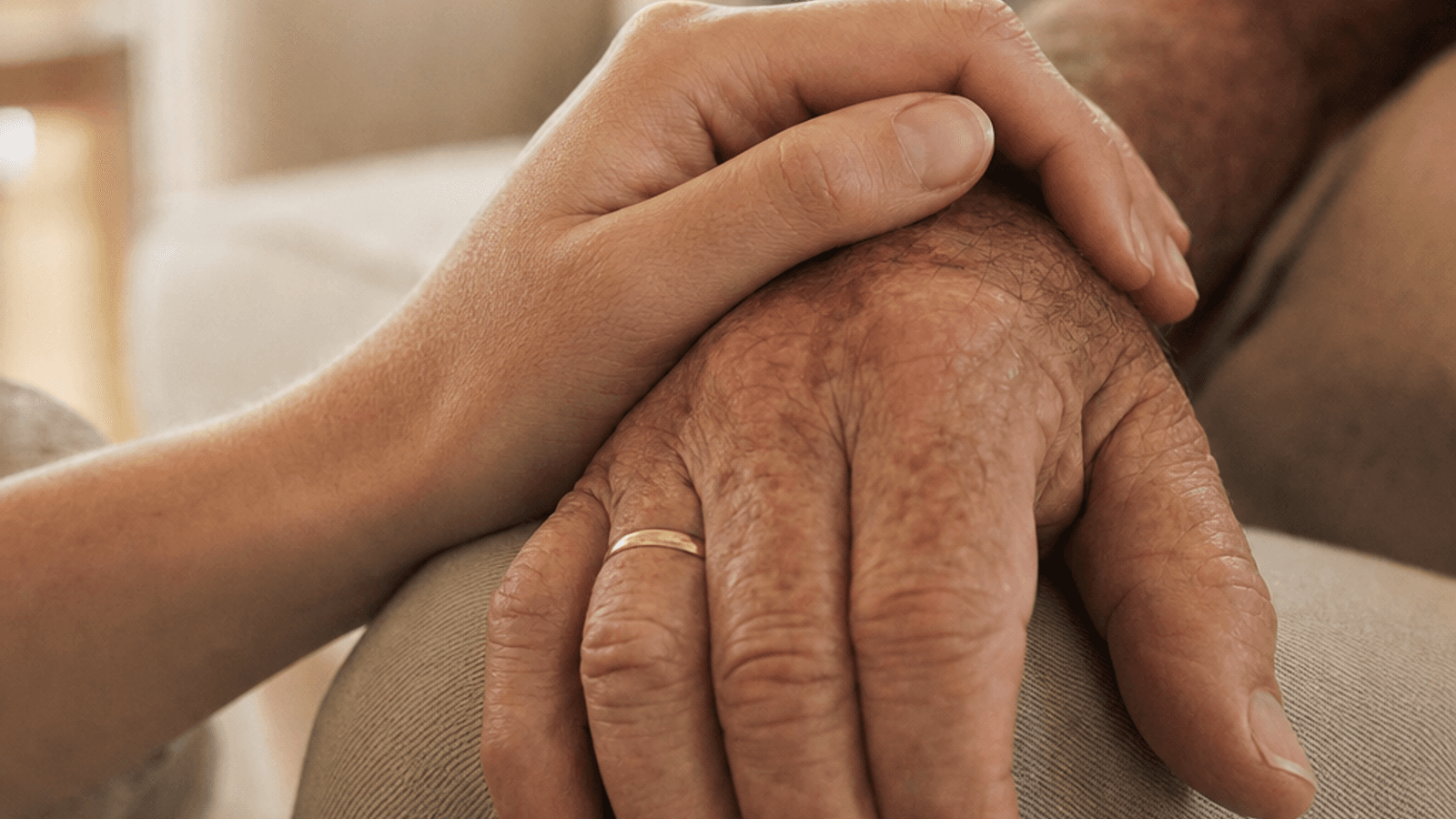 Close-up of two people's hands clasped together