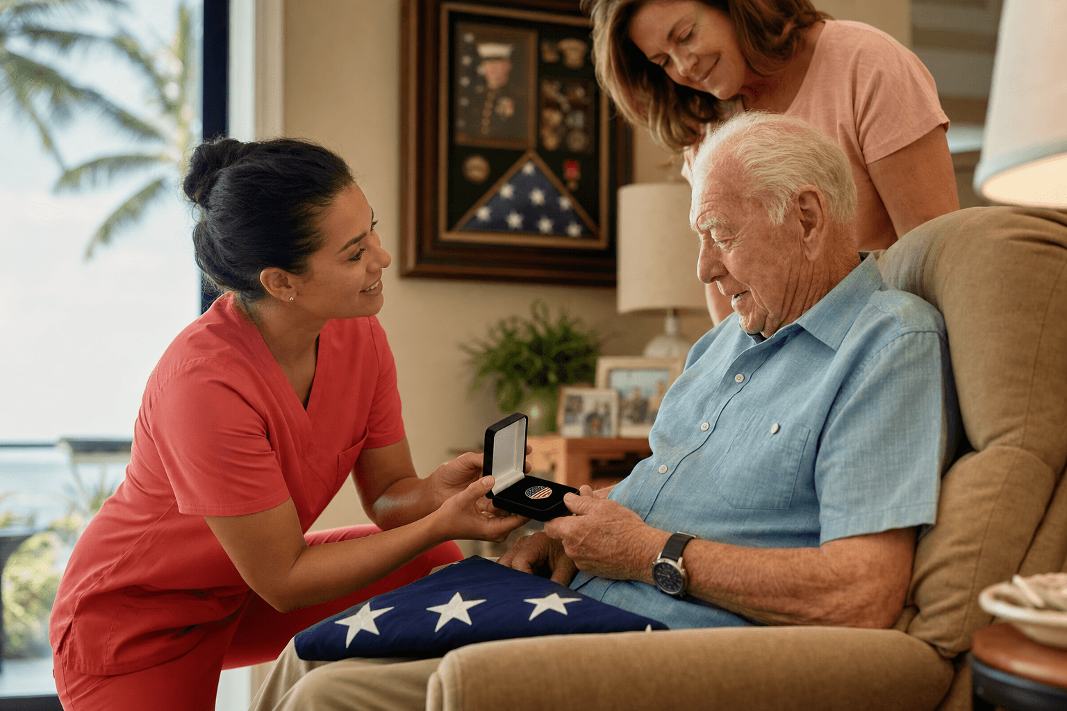 Hospice nurse presenting a veteran with a service pin at home