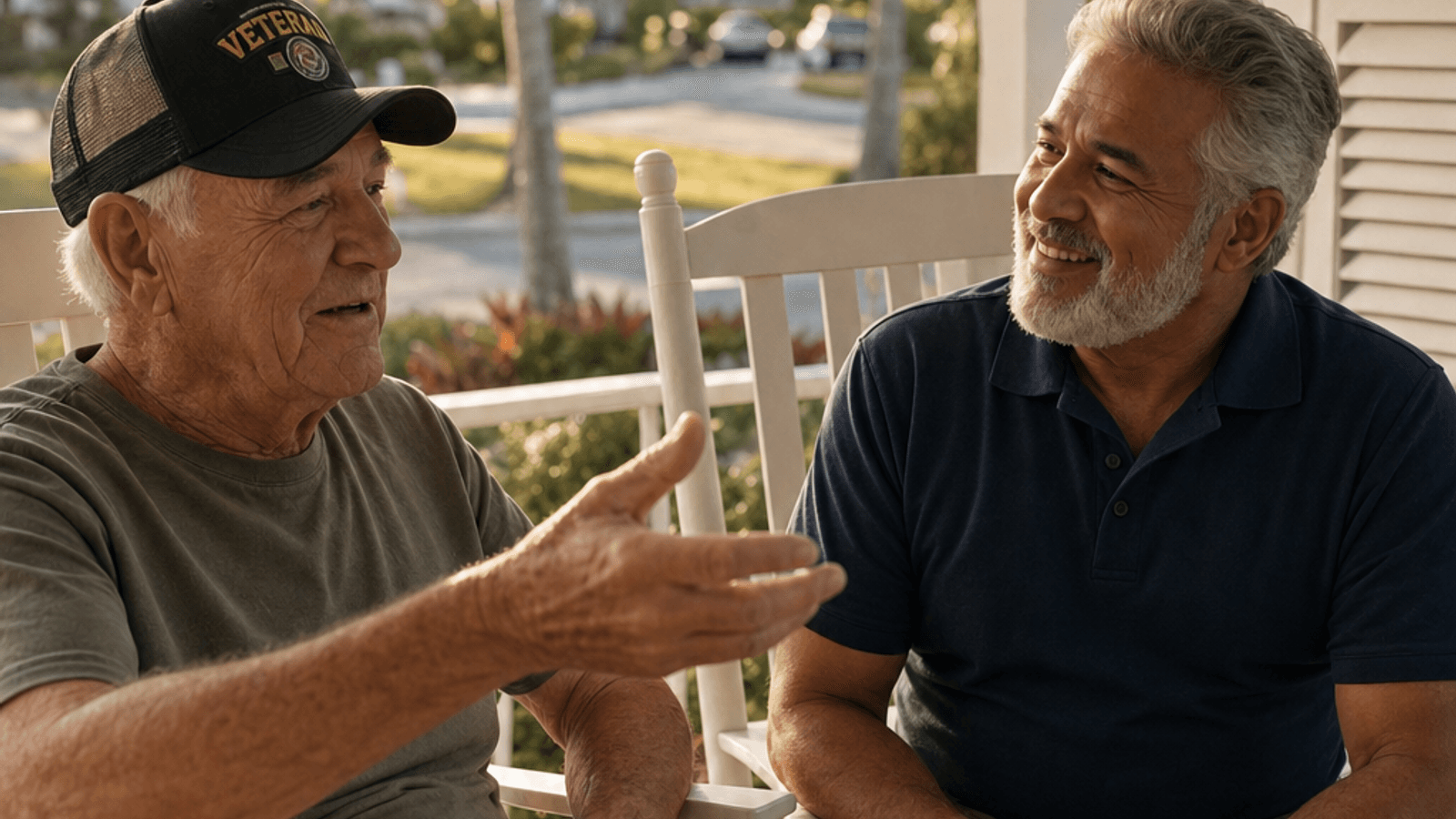 Two men in rocking chairs on a porch talking